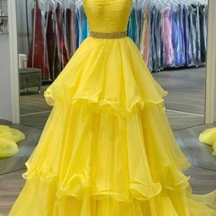 Yellow Tulle Strapless Long A Line Prom Dress,..