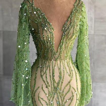 Sexy Deep V Neck Green Prom Dress 2021 Full Sleeve..
