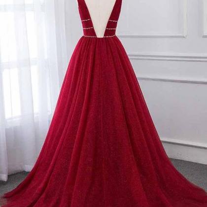 Wine Red Prom Dresses Bling Tulle Deep V Neck..