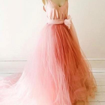 Pink Tulle V Neck Long Sweet 16 Prom Dress,..