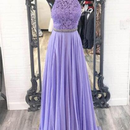Purple Chiffon Lace A Line Prom Dress, Graduation..