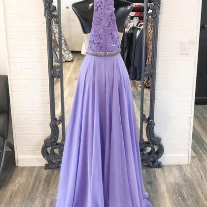 Purple Chiffon Lace A Line Prom Dress, Graduation..