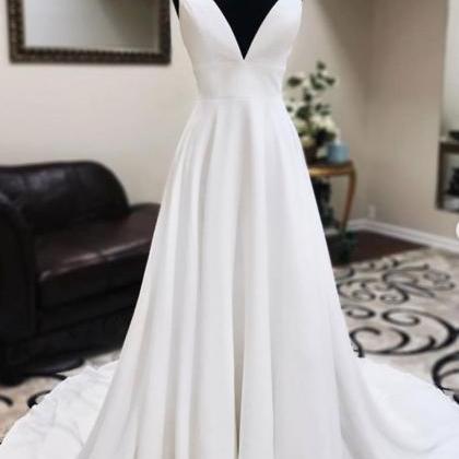 White Tulle V Neck Long Dress White Long Prom..