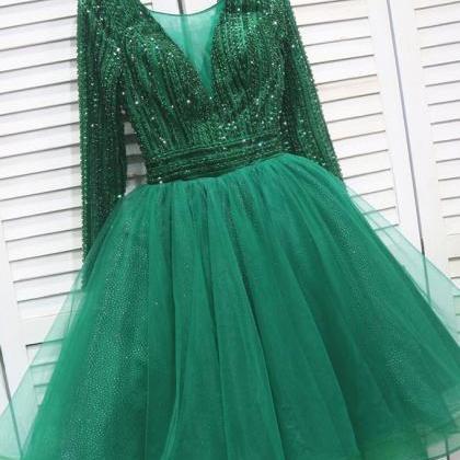 Sparkly Tulle Emerald Green Short Prom Dresses..