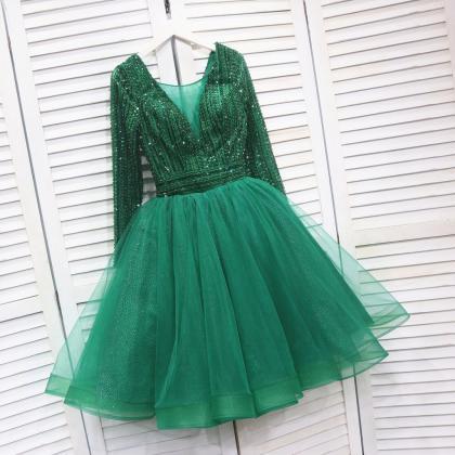 Sparkly Tulle Emerald Green Short Prom Dresses..