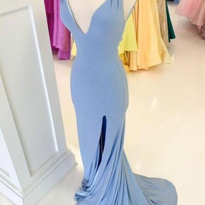 Blue V Neck Spaghetti Straps Long Mermaid Prom..