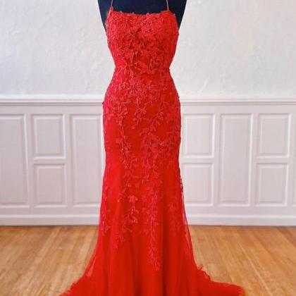 Red Tulle Lace Open Back Long Mermaid Dress, Prom..