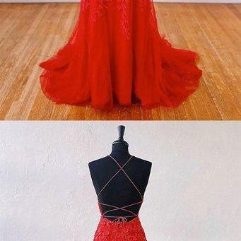 Red Tulle Lace Open Back Long Mermaid Dress, Prom..