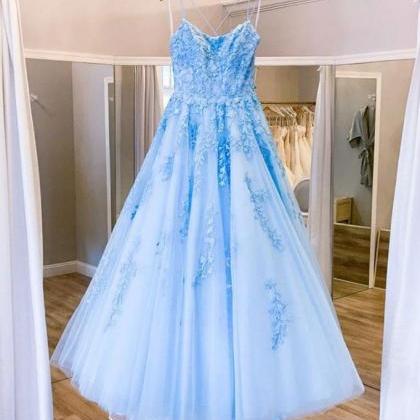 Sky Blue Tulle Lace Up Spaghetti Straps Long..