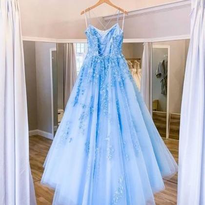 Sky Blue Tulle Lace Up Spaghetti Straps Long..