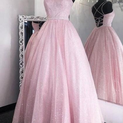 Unique Pink Tulle Cris-cross Back Long Dress Prom..