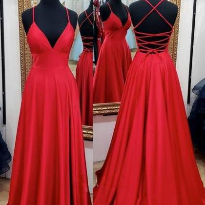Simple Red Satin Long A Line Prom Dress Long..