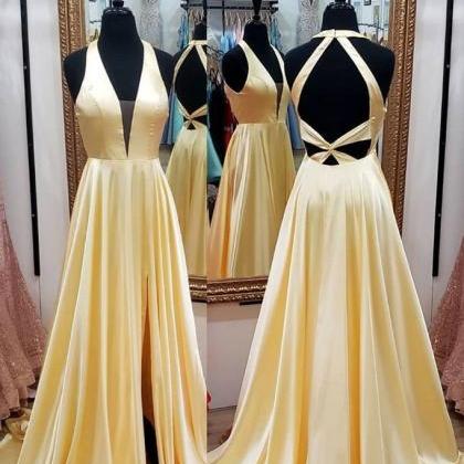 Simple Yellow Satin Long A Line Prom Dress Open..