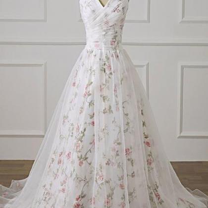 Sweetheart White Tulle Floral Long Prom Dress..