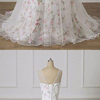 Sweetheart White Tulle Floral Long Prom Dress..