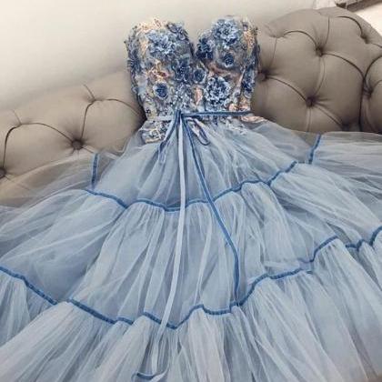 Blue Tulle Lace Dress Tea Length A Line Prom..