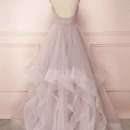 Simple Long Tulle Dress V Neck Layered Prom Dress..