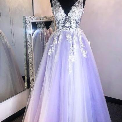 Lilac Tulle V Neck Long A Line Prom Dress Lace..