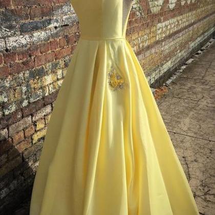 Yellow Satin Spaghetti Straps Long Prom Dress..