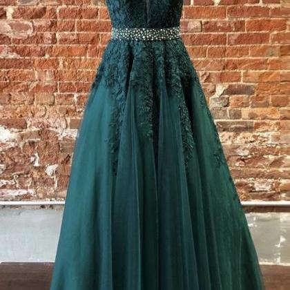 Deep Green Tulle Lace V Neck Long Prom Dress..