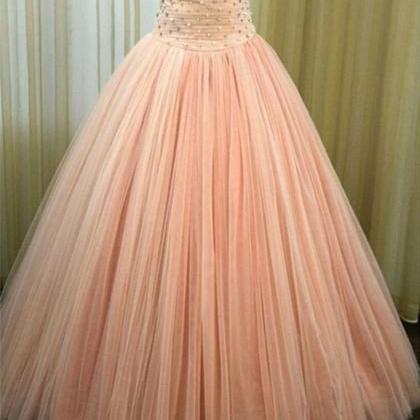 Pink Tulle Beaded Customize Strapless Long A-line..