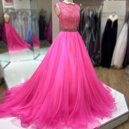 Pink Tulle A Line Crystal Beaded Prom Dress Party..
