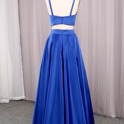 Royal Blue Satin Two Pieces Long Prom Dress..