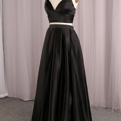 Simple Black Satin Two Pieces Long Prom Dress..