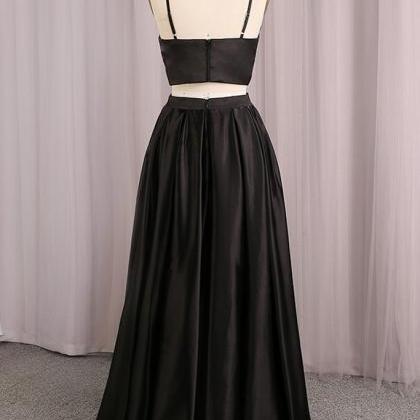 Simple Black Satin Two Pieces Long Prom Dress..