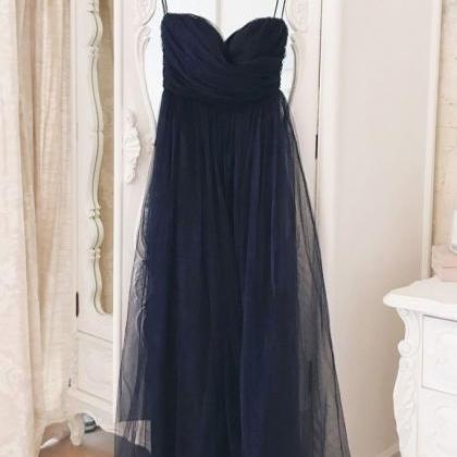 Simple Navy Blue Tulle Long Dress, A Line..