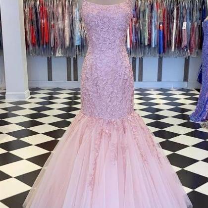 Pink Tulle Lace Long Mermaid Dress Customize Prom..
