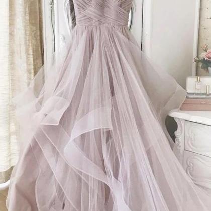 Stylish Long Tulle V Neck Prom Dress Customize A..
