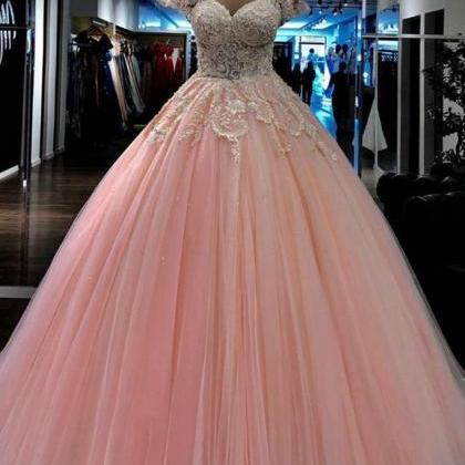 Light Pink Beaded Lace Ball Gown Long Prom Dress V..