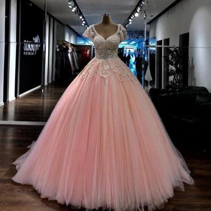 Light Pink Beaded Lace Ball Gown Long Prom Dress V..