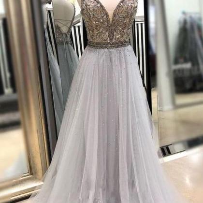 Unique Gray Tulle Bead Sequin Long Prom Dress,..