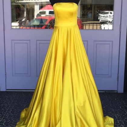 Bright Yellow Satin Strapless Dress Prom Dress..