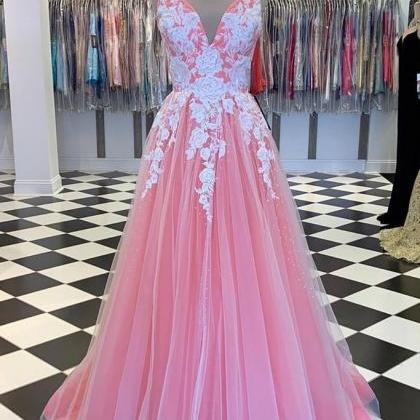 Pink Tulle A Line Spaghetti Straps Long Prom Dress..
