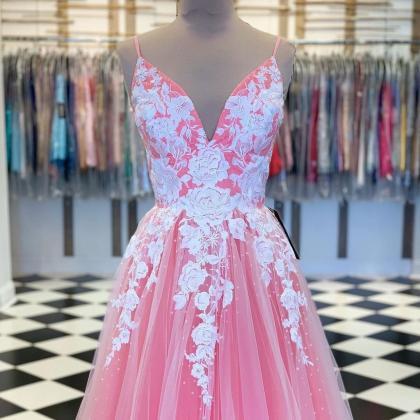 Pink Tulle A Line Spaghetti Straps Long Prom Dress..