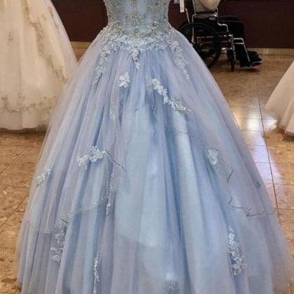 Blue Tulle Princess A Line Sweetheart Prom Dresses..