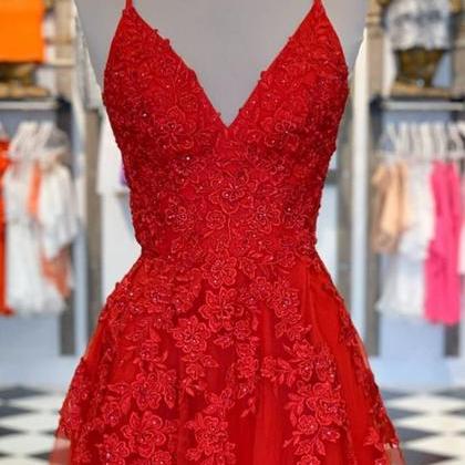 Red Tulle Lace V Neck Long Prom Dress Formal Dress..