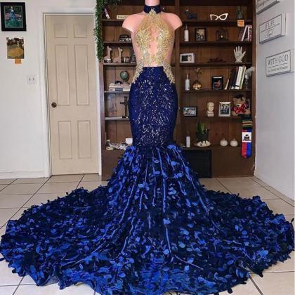 Royal Blue Mermaid Prom Dress African Sexy Beaded..