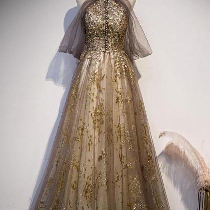 Unique Gold Flower Lace Long Tulle Prom Dress Gray..