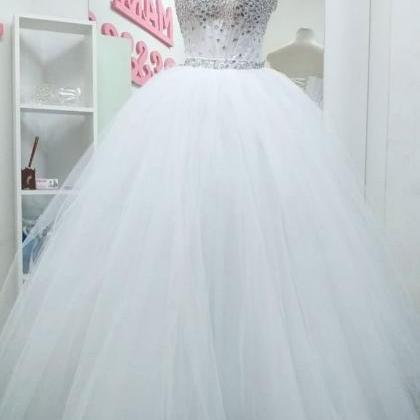 Sweetheart White Tulle Beaded Prom Dress Bridal..