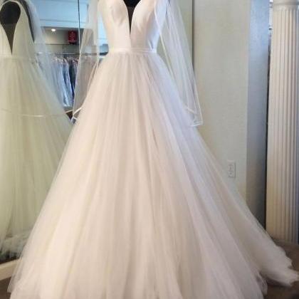 White Tulle Satin V Neck Long Wedding Dress Spring..