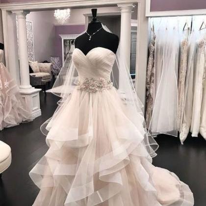 2021 Creamy Tulle Sweetheart Wedding Dress Beaded..