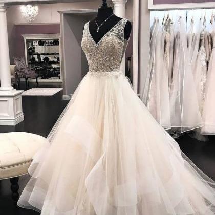 Ivory Tulle V Neck Long Beaded Sequins Prom Dress..
