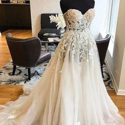 White Tulle Lace Strapless Long Prom Dress Wedding..