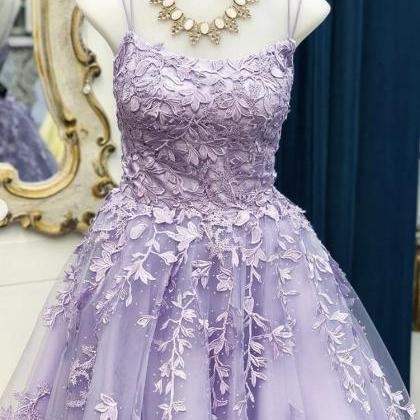 Lavender Dress Spaghetti Straps Long Lace Prom..