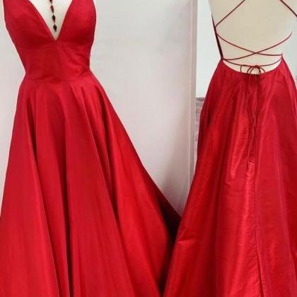 Red Satin V Neck Open Back Long Prom Dress..
