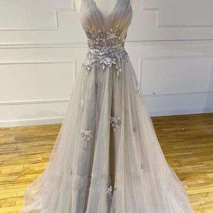 Long Sleeve A Line V Neck Gray Appliques Prom Dress